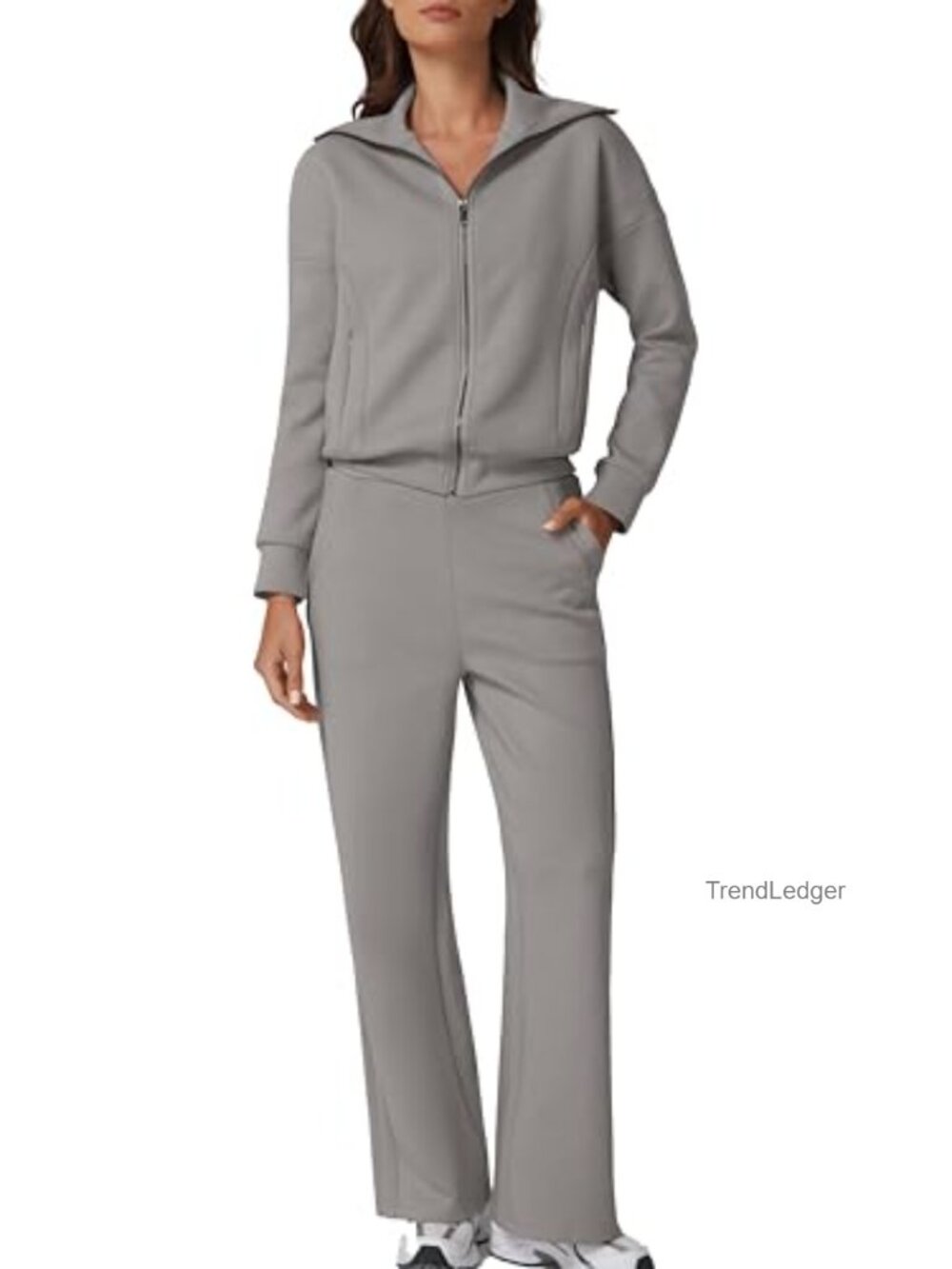 Womens Cotton 2 Piece Outfit Zip Up Sweatshirt Wide Leg Pants Tracksuit Set